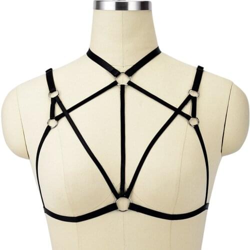 Roseheart Black Cage Harness Bra Black Elastic Strappy Tops Bondage Cross Strap Exotic Club Party Burlesque Wear Belt Lingerie