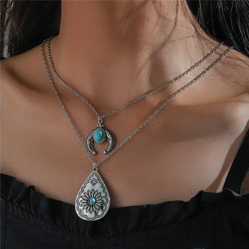 JK439FJ December Birthstone Boho Style Turquoise Necklace Double-layer Wedding Gift Item Waterdrop Flower Carved Turquoise Stone