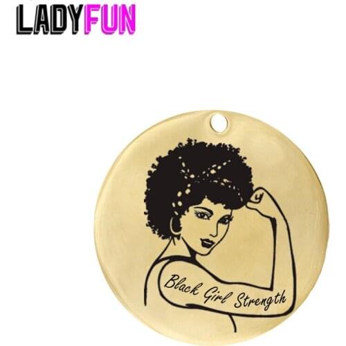 Ladyfun Customizable Black Girl Strength Pendant Charm Round Disc 25mm Black Women Lady Gifts Charms For Jewelry Making