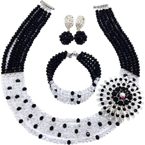 Fashion Black Transparent Crystal Beaded Multi Strands Necklace Nigerian Wedding African Beads Jewelry Set for Women 5L-ZJ003