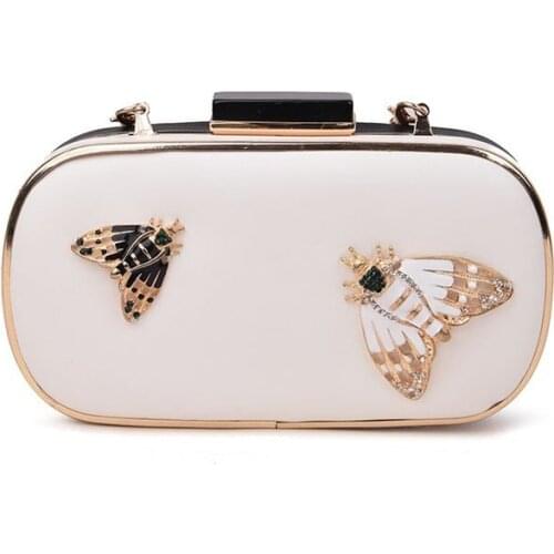 Fashion Insect Moth Acrylic Clasp Crystal Women Black Satin Evening Clutch Party Dinner Prom Handbag and Purse
