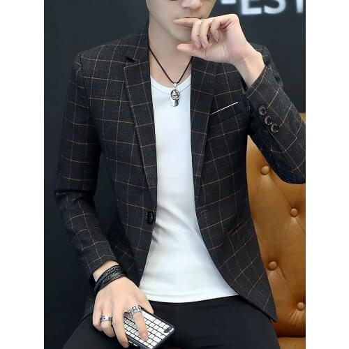 Mens Grids Blazer Jackets Lapel Collar Slim Fit Coat Jacket Outwear Casual One Button C90