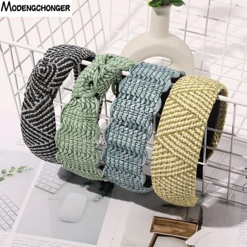 New Fashion Raffia Lace Knotted Headband For Woman Gold Straight Hairband Ladies Braided Head Buckle Hair Accessories Bezel