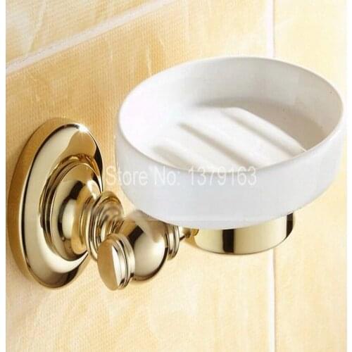 Luxury Gold Color Polished Brass Wall Mounted Bathroom Porcelain Soap Dish Holder aba141