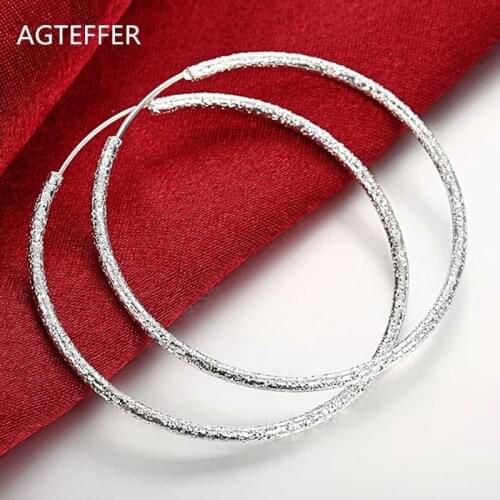 AGTEFFER 925 Sterling Silver Matte Round 50mm Large Hopp Earrings For Womens Fashion High Quality Earrings Wedding Gift Jewelry