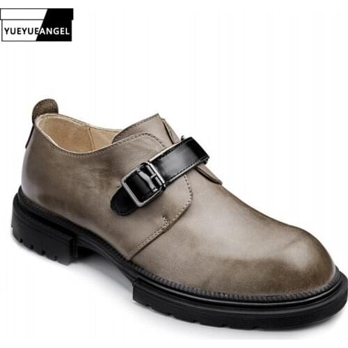 Men Genuine Leather Casual Shoes England Style Vintage Slip-On Platform Shoes Round Toe Business Dress Shoes Male Footwear