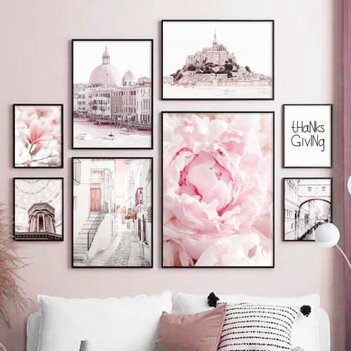 Pink Building Magnolia Peony Quotes landscape Art Canvas Painting Nordic Posters And Prints Wall Pictures For Living Room Decor