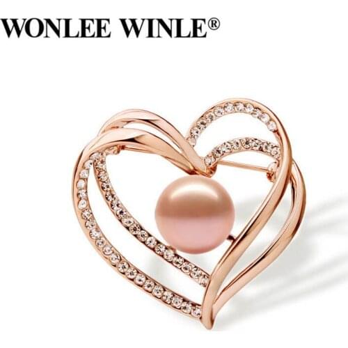 Wonlee Winle TOP Quality Full Rhinestone Austria Crystal Pearl Heart Brooches for Women Fashion Jewelry