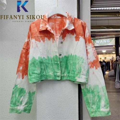 Jeans Jacket Women 2021 New Fashion Graffiti Tie Dye Short Denim Jackets Autumn Loose Lapel Single Breasted Jeans Coat Female