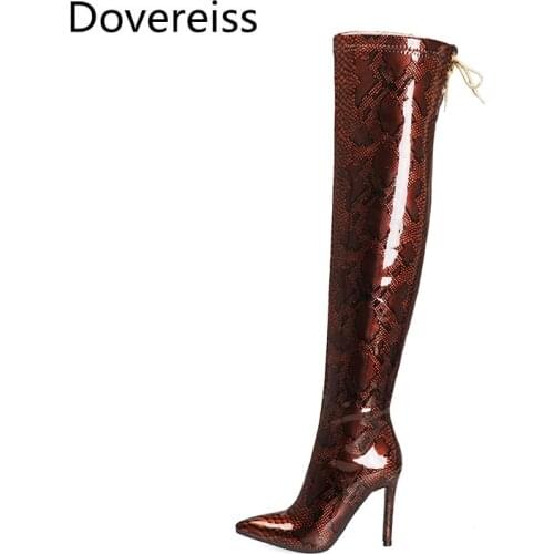 Dovereiss Fashion Womens Shoes Winter Pointed Toe Stilettos Heels Sexy Elegant Over The Knee Boots Snakeskin New Big Size 47 48