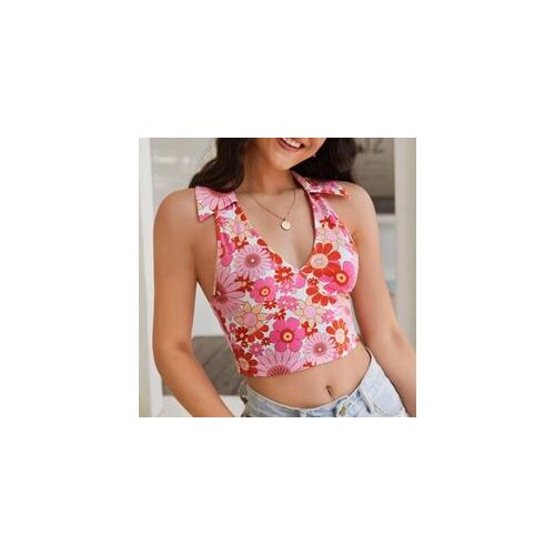 Womens lapel halter neck sleeveless short back sexy deep V heart floral print halter top new Y2K style slim casual vest /F