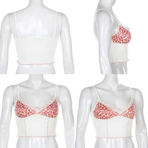 Women Sleeveless Sheer Mesh V-Neck Crop Top Leopard Lace Patchwork Camis Vest