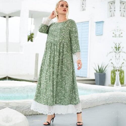 Middle East Oversized Womens Round Neck Long-sleeved Fashion Floral Print Lace Stitching Pleated Large Swing Dress Abaya Kimono