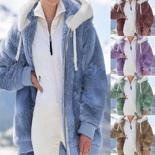 2021 New Autumn and Winter Loose Solid Color Plush Zipper Hooded Coat for Women