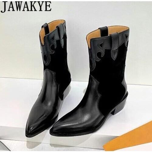 Winter Classic Ankle Boots Women Cow Suede Leather Splicing Pointy toe Low-heel Boots Fasjhion Cowboy Knight boots botas mujer