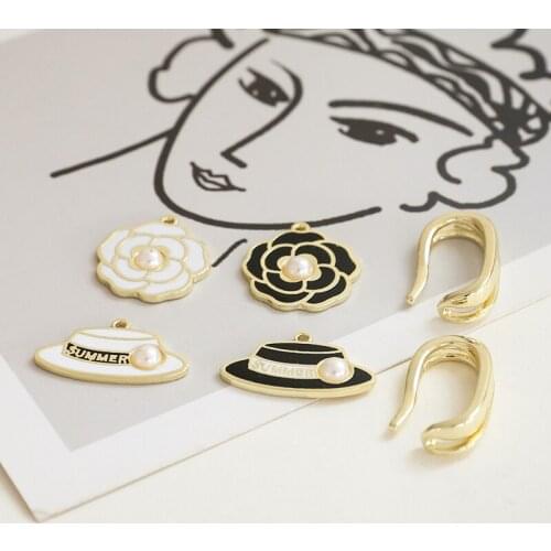 6pcs korean Vintage Simple versatile pearl black and white top hat flower Earrings Women pendant jewelry accessories materials