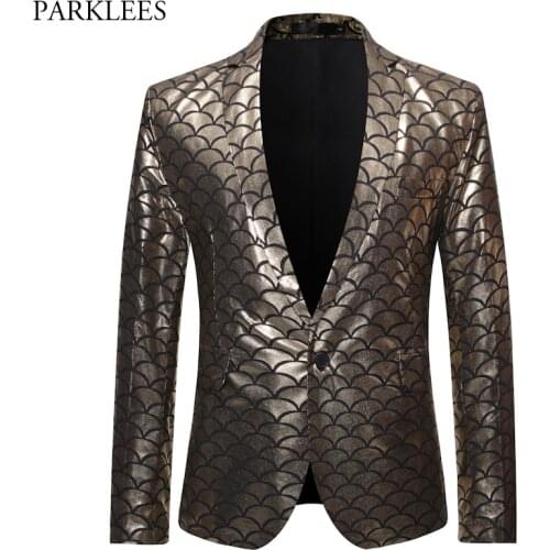 Gold Fish Scale Shiny Glitter Dress Blazer Men One Button Slim Fit Tuxedo Suit Jacket Male Dinner Party Stage Prom Costume Homme