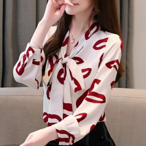 Womens Tops And Blouses Bow V-neck Print Chiffon Blouse Shirt Women Tops Clothes Blusa Feminina Long Sleeve Blouse Women C702