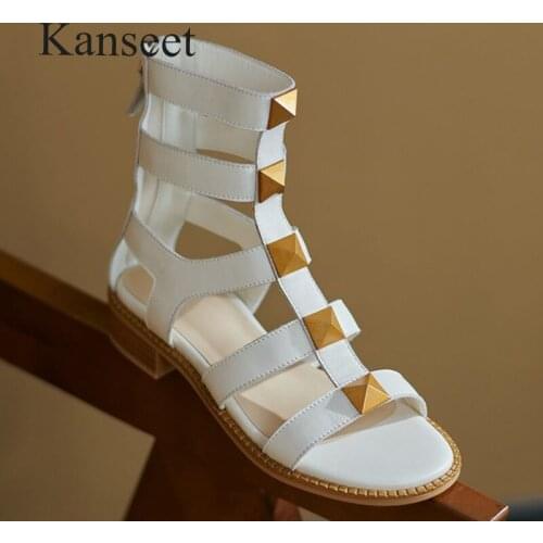 Kanseet Genuine Leather Rivets Decoration Roma Style Summer New Women Sandals Thick Heels Zipper Comfort Med Heels Female Shoes
