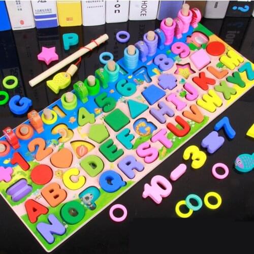 Children Toys Montessori Educational Wooden Toy Geometric Shape Cognition Puzzle Toys Math Magnetic Fishing Game Kids Gifts