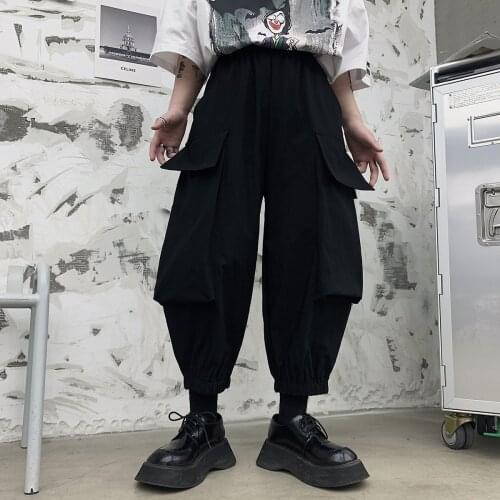 Big size summer personality big pocket elastic waist loose low crotch Harlan Capris trendy work clothes washed knickerbockers