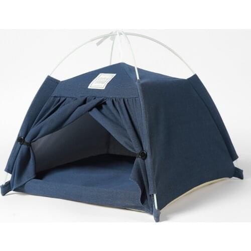 Summer Animals Pet Teepee Bed Cotton Linen Tent Foldable Portable Nest for Small Size Dogs Cats Puppy Bed Indoor House Blue Gray
