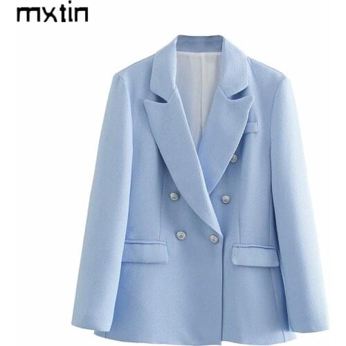MXTIN 2021 Women Autumn Fashion Solid Double Breasted Blazers Vintage Slim Pockets Office Lady Suit Business Female Blazer Coat