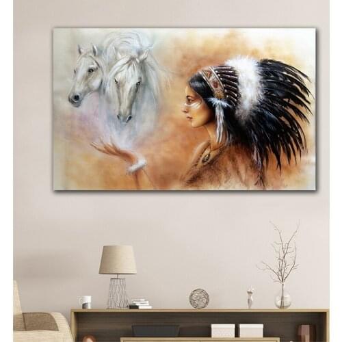 Feather Indian Women Canvas Painting Animals Horse With Girl Wall Painting for Living Room Cuadros Decoratives Painting