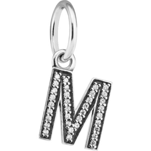 Fits Pandora Charms Bracelets Letter M with Clear Cubic Zirconia 925 Sterling Silver Beads Jewelry Free Shipping