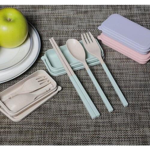 Portable Wheat Straw Fork Cutlery Set Foldable Folding Chopsticks Spoon With Box Picnic Camping Travel Tableware Set SN3695