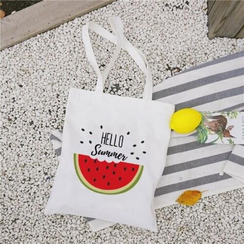 New Womens Casual Canvas Cloth Bag Reusable Large Capacity Tote Hello Summer Watermelon Printing Shopping Bag Lady Handbag