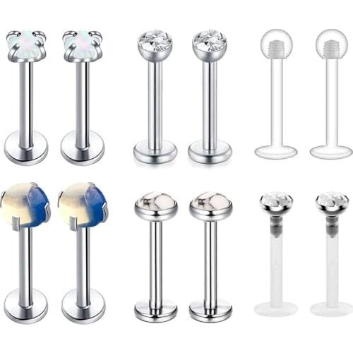 Tragus Earring 12pcs 16G Surgical Steel & Opal CZ Nature Stone Lip Labret Helix Cartilage Conch Studs Piercing for Women Men