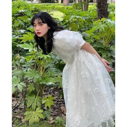 French Sweet Temperament Mesh Princess Dress High Waist Slimming Super Fairy Puff Sleeve Dress Womens Summer lolita dress