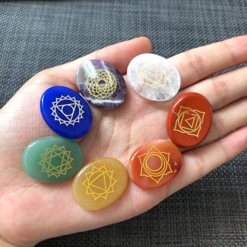 Seven Engraved Holistic Balancing Polished Reiki Healing Solids Crystal Mens Chakra Symbols Tumbled Palm Stone Set