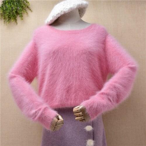 Female women winter clothing sweet pink hairy plush mink cashmere knitted short style pullover angora fur cropped jumper sweater