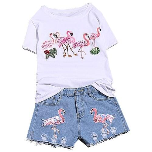 Amolapha Women Sequins Birds T-shirts+Short Jeans Suits Summer Woman Casual Tshirts+Denim Jeans 2PCS Sets