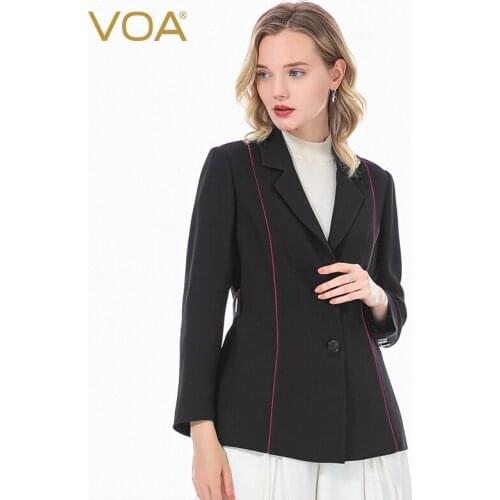 VOA 60m/m Silk Coat Sky Suit Collar Long Sleeve Single Breasted Waist Seal Design Rose Piping Business Women Jacket WE15