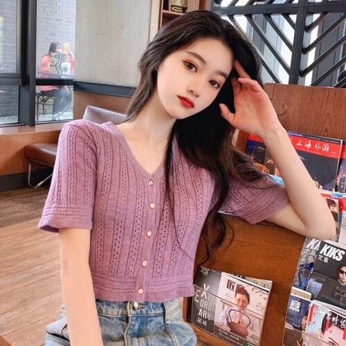 Knitted Tops For Women Summer Hollow Out Sexy Black White Purple Top Female Summer V-neck Short T-shirt