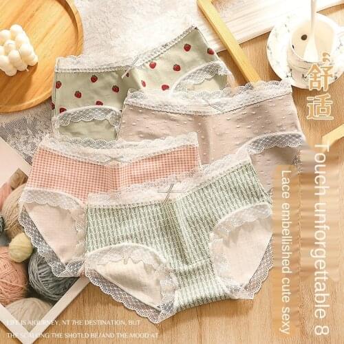 Womens Cotton Underwear Sexy Lace Panties Fashion Bow Knot Comfort Briefs Seamless Print Underpants Female Sexy Lingerie