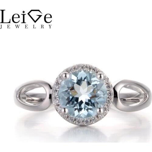 Leige Jewelry Natural Aquamarine Light Blue Color Gemstone Round Cut Prong Setting Halo Rings Romantic Gift For Woman 925 Silver