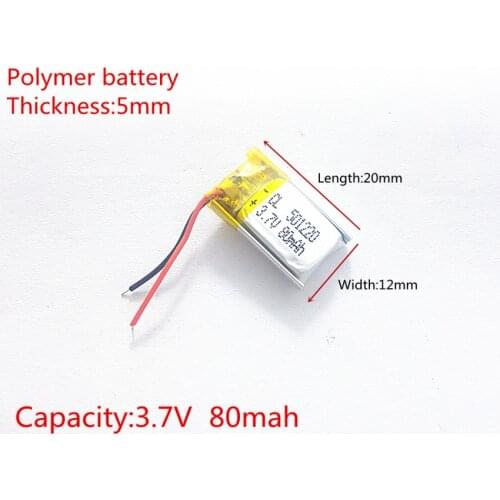 3.7V,80mAH 501220 PLIB (polymer lithium ion / Li-ion battery ) for Smart watch,GPS,mp3,mp4,cell phone,speaker