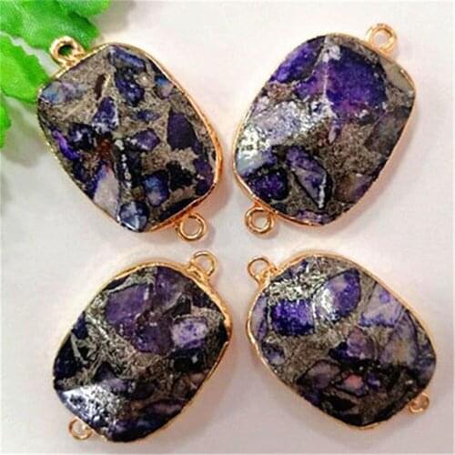 4Pcs 30x23x12mm Alloy Serging Purple Sea Sediment Jasper & Pyrite Facet Oblong Bracelet Connector Pendant DIY Jewelry Making