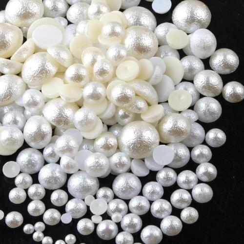 Free Shipping 1bag Pure White and Cream White Resin Rough SurfaceHalf-Ball Pearl Nail Art Decoration Different Sizes