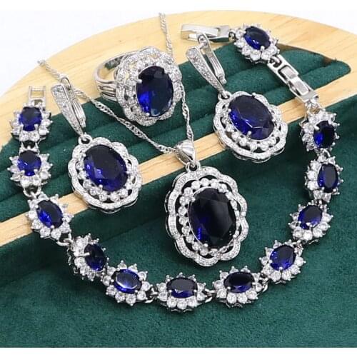 Blue Sapphire 925 Sterling Silver Jewelry set for Women Wedding Party Bracelet Earrings Necklace pendant Ring Birthday Gift