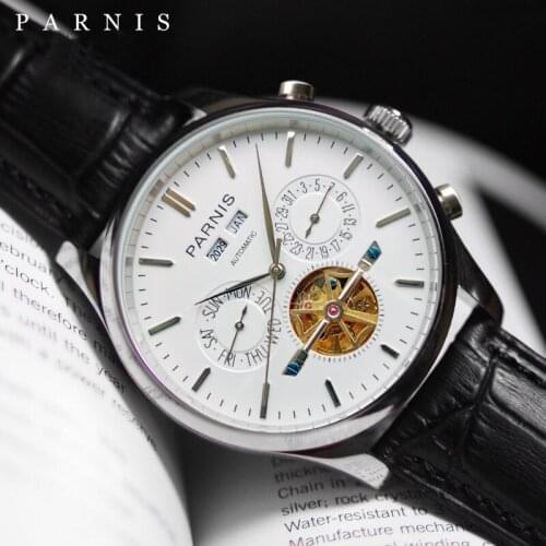 Parnis 43mm White Dial Automatic Mechanical Mens Watch Stainless Steel Bracelet Men Watches 2020 top luxury brand gift man