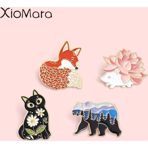 Hedgehog Fox Bear Cat Enamel Pins Landscape Tattoo Animal Brooches Lapel Badges Cartoon Jewelry Gifts for Friend Wholesale Pin