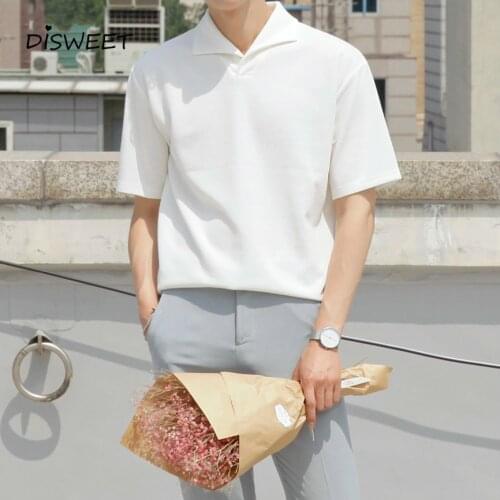 Solid Lapel T-shirt Mens Korean Short Sleeve Loose Tees Boy Simple Slim Summer Top Men 2020