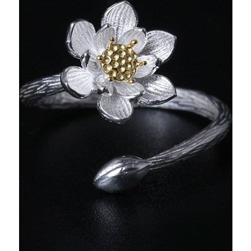 Chinese Style S925 Pure Silver Retro Flower Ring, Female Beauty Lotus Opening Ring Adjustable Hand Decoration Wholesale