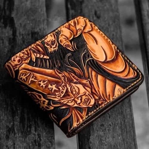 Hand-made Short Wallets Purses Women Men Clutch Vegetable Tanned Leather Thin Hand Carving Wallet Card Holder Birthday Present