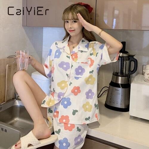 CAIYIER Summer Cotton Pajamas Set Cute T-shirt +Shorts Set Korean Casual Women Sleepwear Cartoon Girl Lingerie Home Clothing 2XL